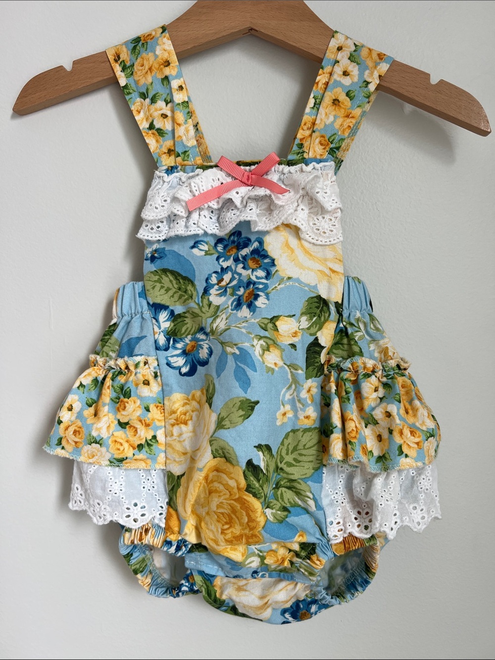 Haute Baby | 100% Cotton Floral Ruffle Bubble Romper - Blue & Yellow 0-3M
